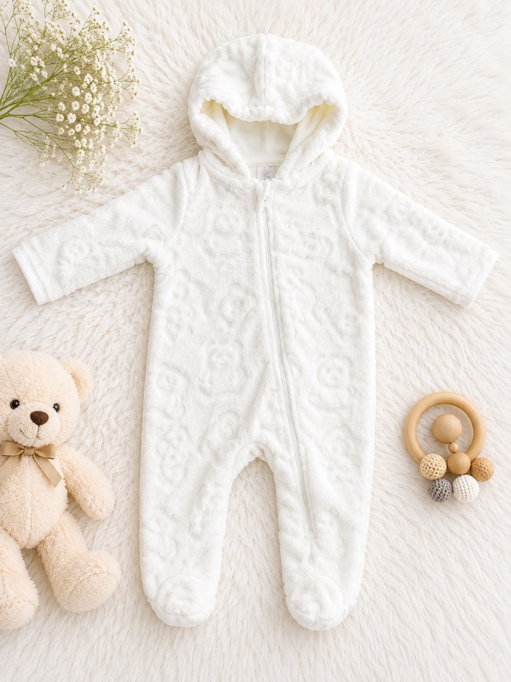 B4ALL Baby White Plush Fleece Hooded Bunting One Piece 3-6M